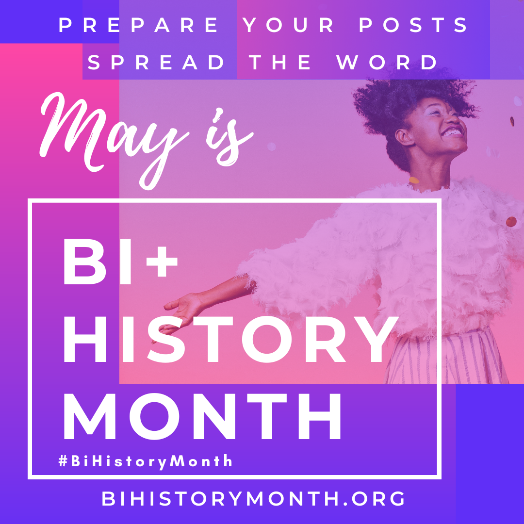[A square image in overlapping shades of the pink, purple, and blue of the bi flag, with a joyful Black woman centered on it, arms outstretched and face upraised. Text reads: Prepare your posts. Spread the word. May is Bi+ History Month.]